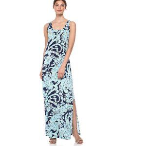 Lilly Pulitzer Merrill Pima Cotton Side Slit Maxi Dress High Tide Scuba Doo M